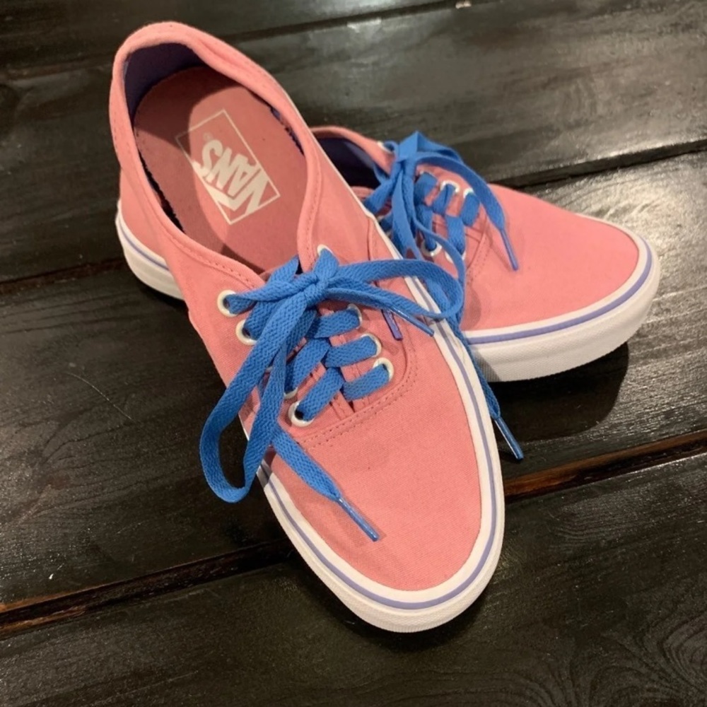 Pink Vans Tennis Shoes Sneakers with Blue Laces
